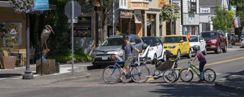 a man walking a bike across the street with a trailer with a dog attached, followed by a child on a bike, at a crosswalk with cars waiting