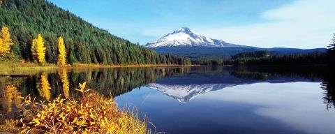 A snow-capped mountain is reflected in a lake with autumn foliage in the foreground