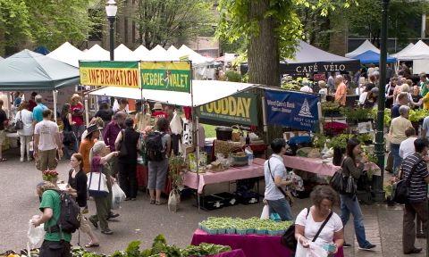 The Portland Farmers Market at PSU information tent with fresh squash, peas, peppers, zucchini and kale in the foreground.