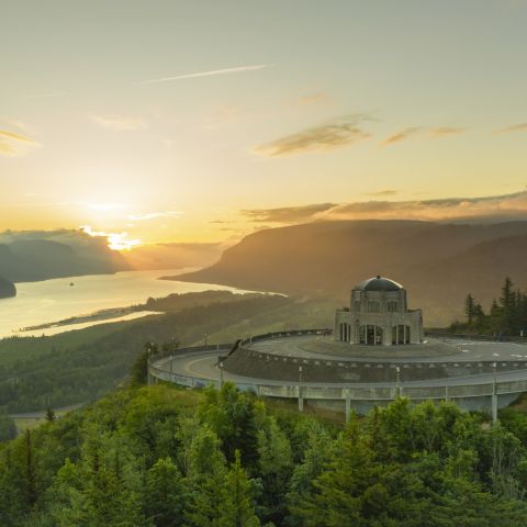 view from the sky of the vista house and columbia river gorge