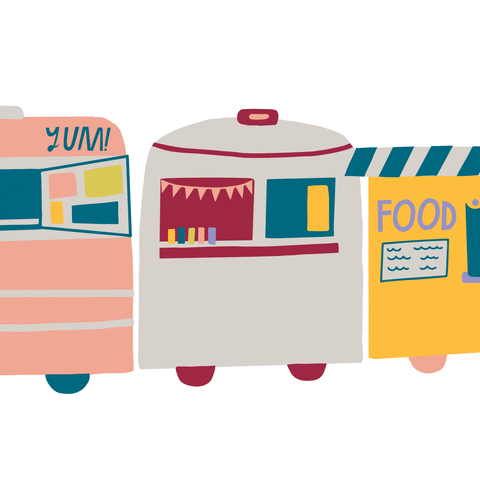 a colorful illustration of three food carts in a row