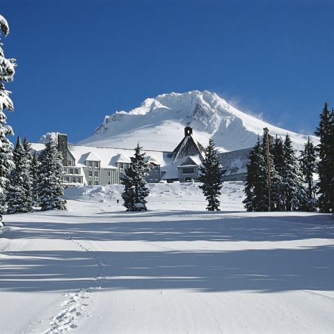 Timberline lodge covered in snow on a sunny day