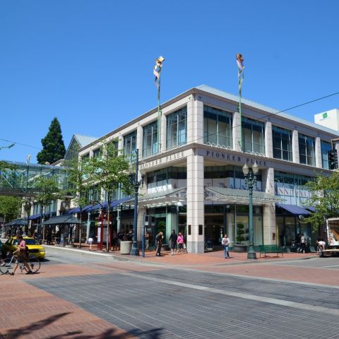 external corner of Pioneer Place on a sunny day