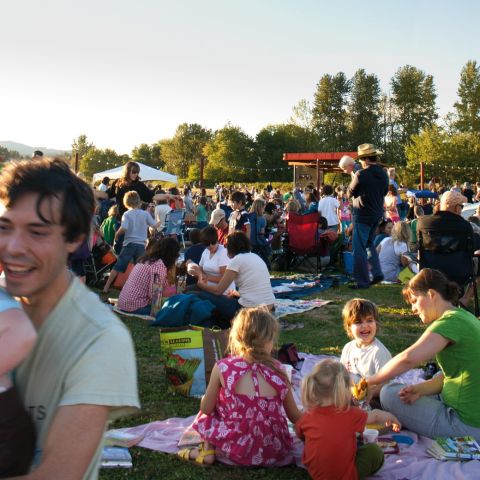 Families gathered on Sauvie Island with blankets spread and picnics at hand as the late summer sun turns golden.