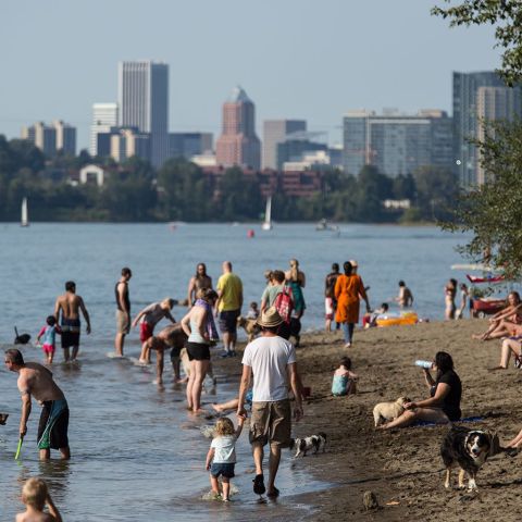 families gathered at Willamette River beach