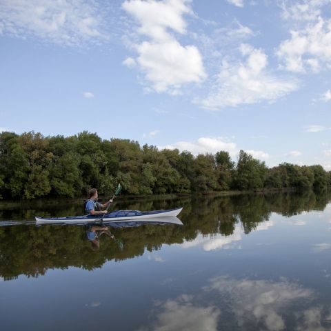 a person kayaking on glassy water with puffy clouds reflected in it