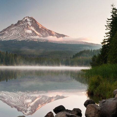 Mount Hood reflected in the water of Trillium lake