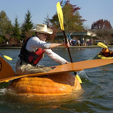 A person sitting inside a large pumpkin paddling across a lake