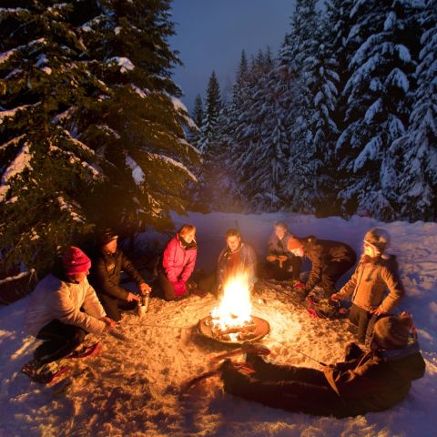 a group of people gathered around a campfire on a snowy mountain