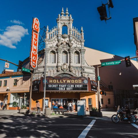 A historic movie theater with an ornate facade