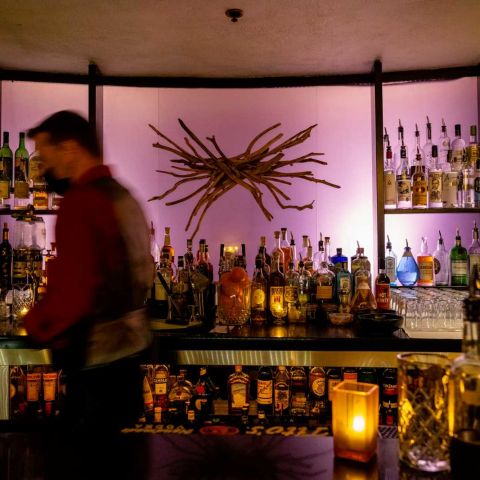 purple backlit bar with glowing bottles of alcohol at Driftwood Bar in Hotel deLuxe