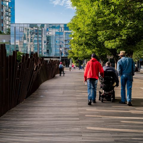 three people — one using a motorized wheelchair, two on foot — traverse a wide wooden walkway beneath flourishing green trees