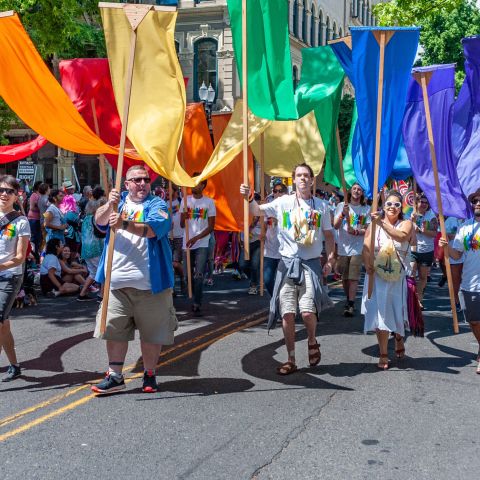 people march holding solid color flags, together making a rainbow as people line the city streets watching the parade