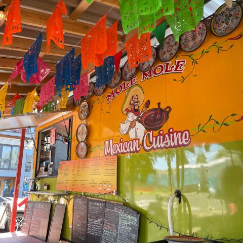 small colorful banners hang above a yellow and green food truck labeled “Mole Mole Mexican Cuisine”