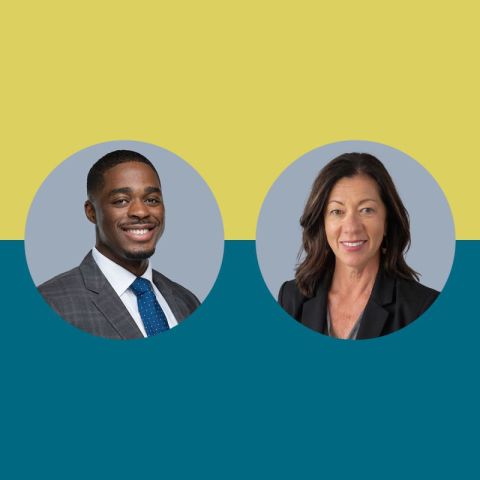 yellow and blue graphic with headshots of a man in a gray suit with blue tie and a woman in a black blazer in the middle