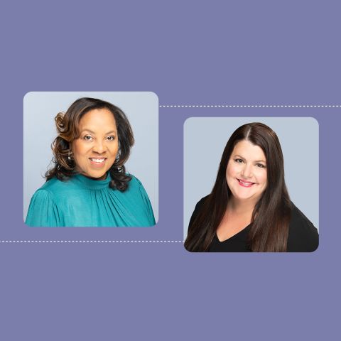 purple graphic with headshots of two women in the middle