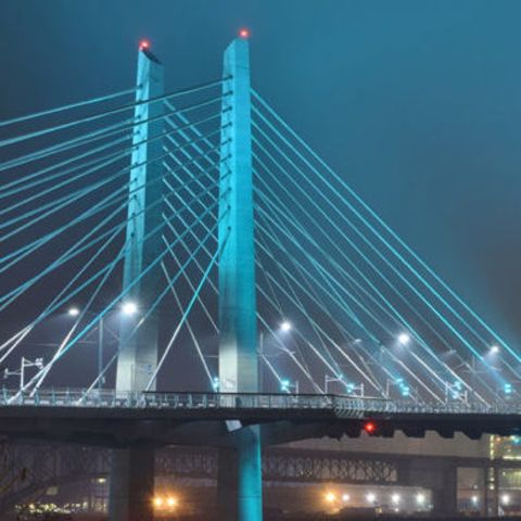 The Tilikum bridge across the Willamette River lit up at night