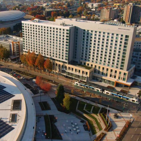 aerial view of Oregon Convention Center and nearby Hyatt Regency hotel