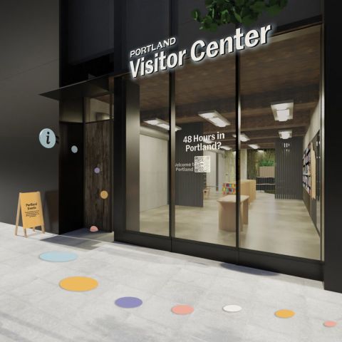 Illustration of a storefront with a sign reading Portland Visitor Center