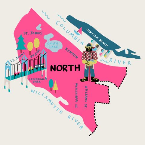 a colorful map of North Portland highlighting prominent neighborhoods and landmarks