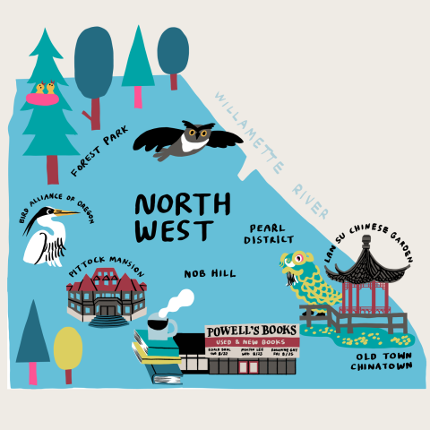 a colorful map of Northwest Portland highlighting prominent neighborhoods and landmarks