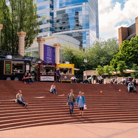 The steps of Pioneer Courthouse Square and its food carts serve as a popular lunch spot for visitors and locals alike.