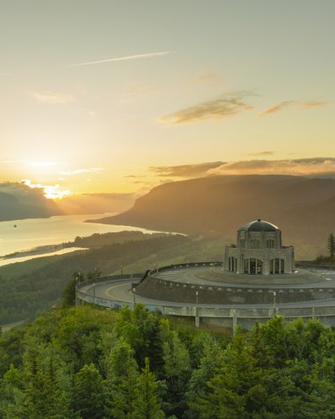 view from the sky of the vista house and columbia river gorge