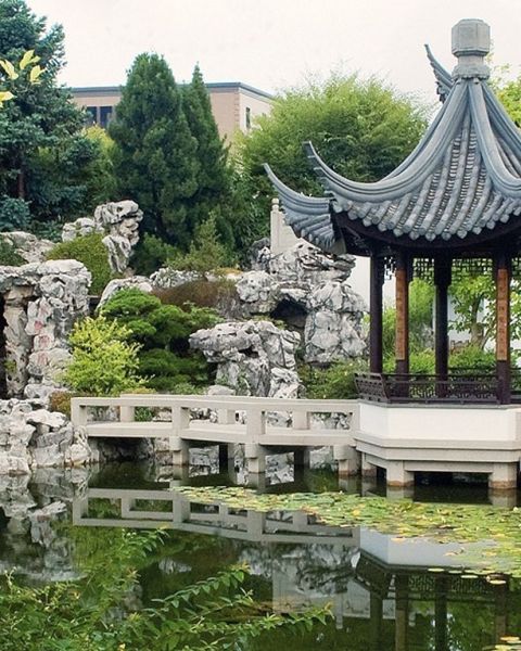 garden with Chinese inspired architecture