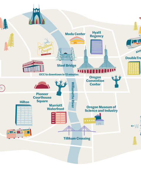 Illustrated map of Portland, Ore., that includes important points of interest such as the Moda Center, Oregon Convention Center and more.