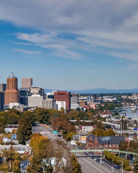 city view on early fall day, tree leaves are changes colors, and there is a light blue sky with passing clouds