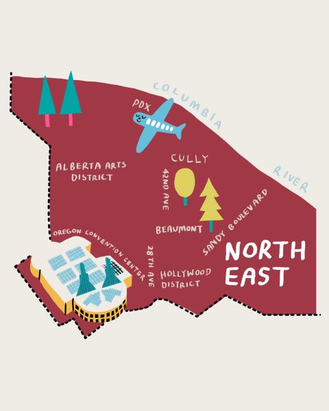a colorful map of Northeast Portland highlighting prominent neighborhoods and landmarks