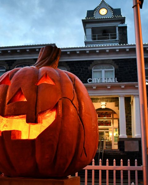 a giant pumpkin sculpture is lit on the inside sitting in front of a town hall building