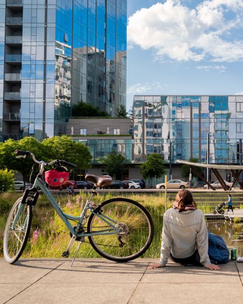 woman sitting on the ground in front of a pondwith a bicycle next to her