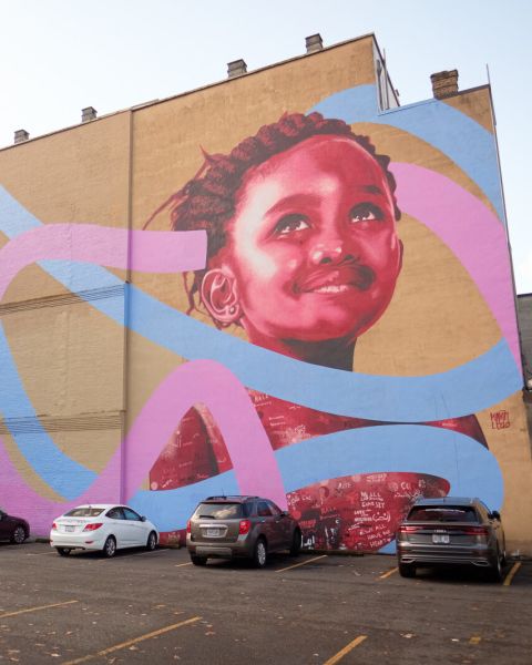 Photo of the \"Under the Same Sky\" mural in downtown Portland