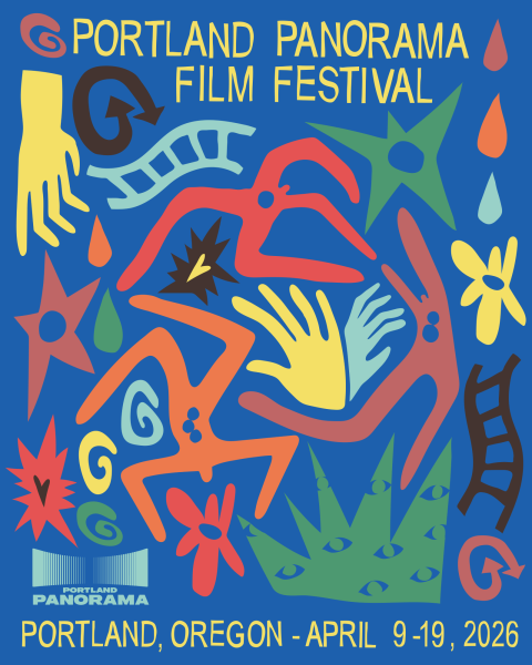 a striking blue poster with many colorful images and the heading “Portland Panorama Film Festival”