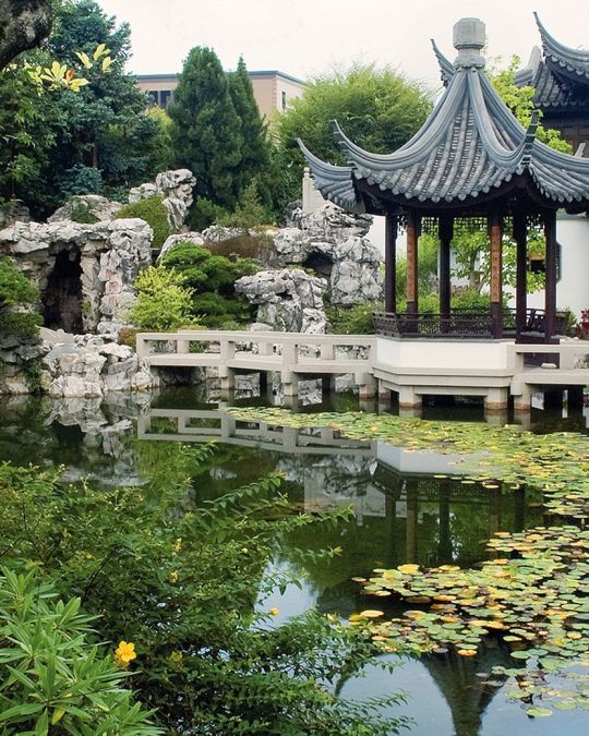 garden with chinese inspired architecture
