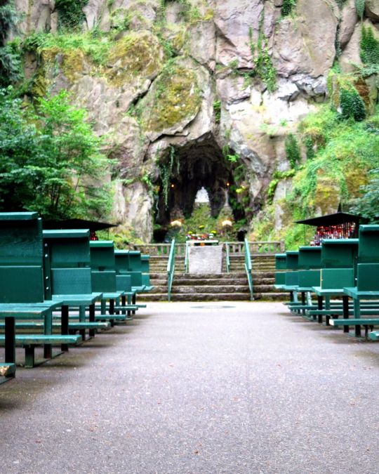 rows of benches face a rock wall and tunnel surrounded by moss, trees