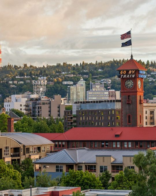 Union Station set against the backdrop of Portland\'s skyline