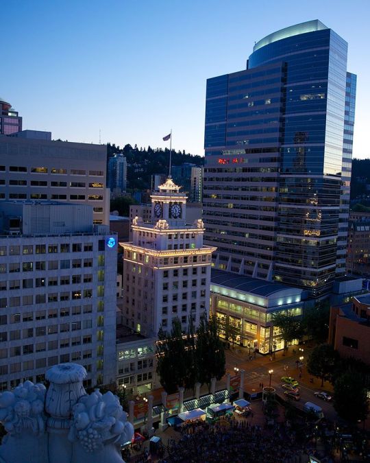 tall buildings at night in downtown Portland