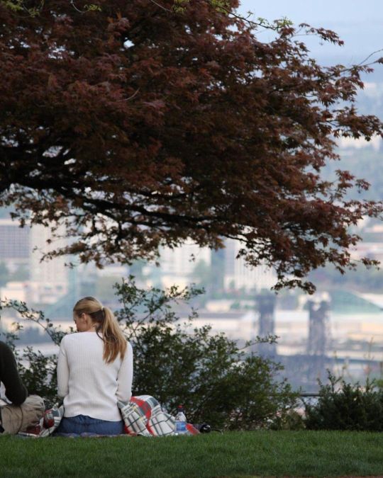 two people enjoy a picnic with a scenic city view