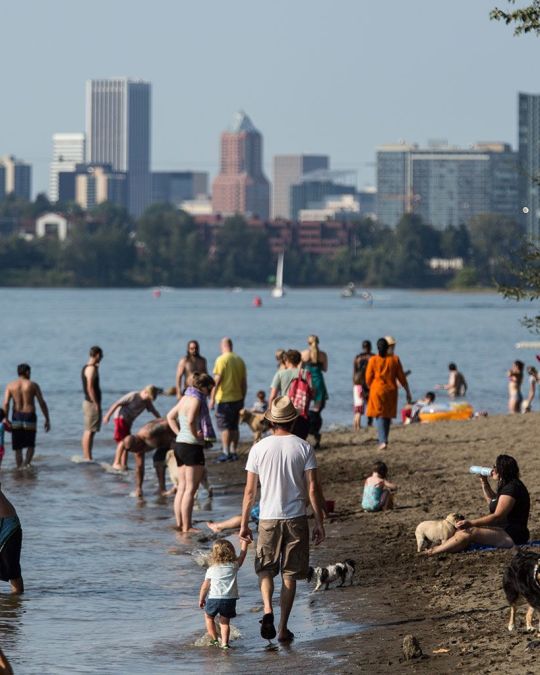 families gathered at Willamette River beach