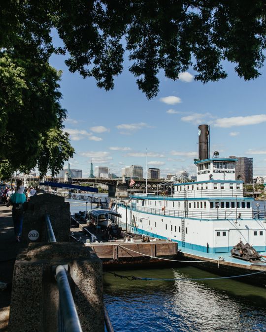 a boat is docked along the portland waterfront