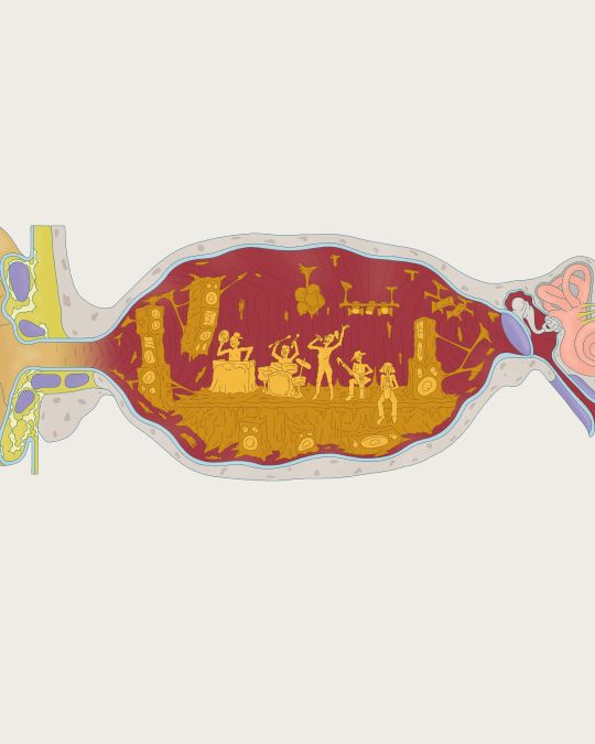 a cartoon depiction of a band playing in the ear canal
