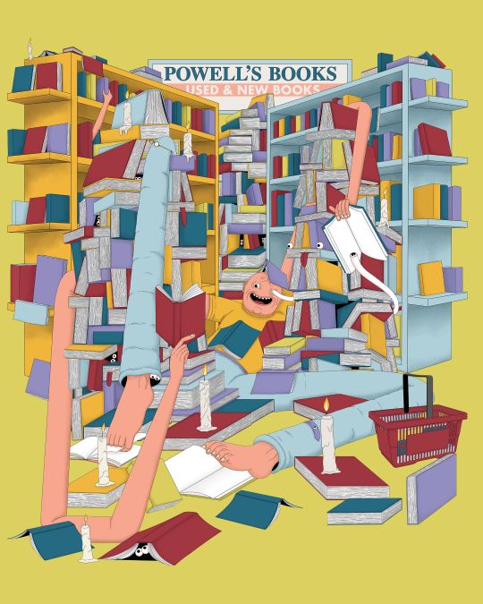cartoon depicting a long-limbed person browsing through the shelves of Powell\'s Books