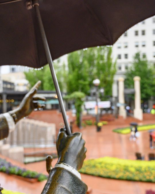 sculpture in brick plaza at Pioneer Courthouse Square