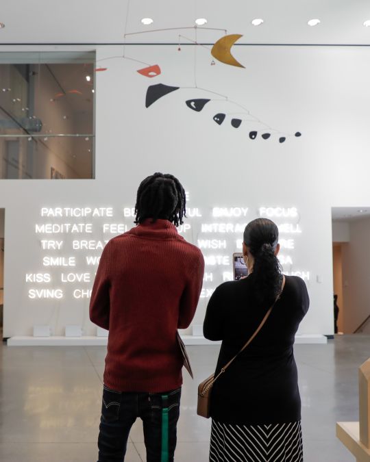 two people stand looking at a contemporary art installation in an art museum