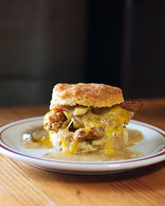 A biscuit sandwich on a plate