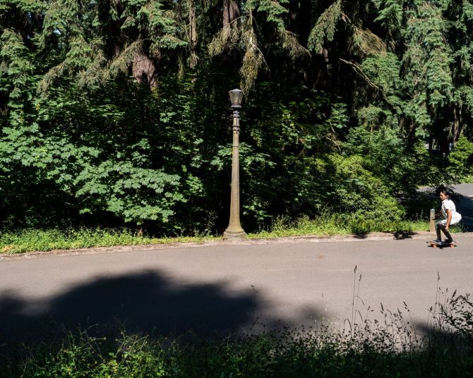 girl on skateboard at park with big trees