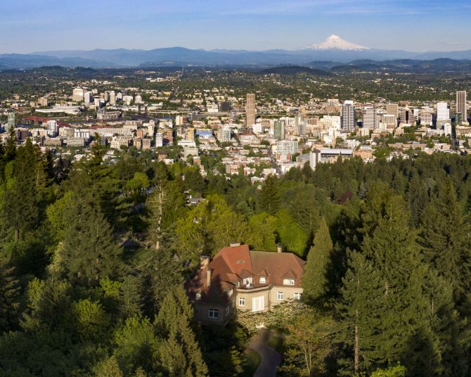 Aerial view of Pittock mansion and the Portland skyline
