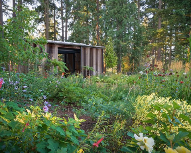 a viewing structure in the background of a botanical garden filled with spring flowers in bloom